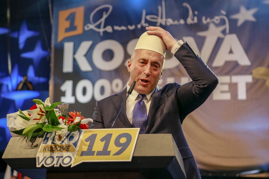 Ramush Haradinaj, the candidate for Prime Minister from the Alliance for the Future of Kosovo (AAK), addresses his supporters during an electoral rally in capital Pristina, Kosovo on Thursday, Oct. 3, 2019. Kosovo holds an early general election on Sunday after outgoing prime minister resigned following a request from a Hague-based court to be questioned on crimes against ethnic Serbs during and after the country&#39;s 1998-99 war. In Kosovo&#39;s seventh post-war general elections some 1.9 million voters, including many immigrants, will cast ballots to elect 120 lawmakers.  (AP Photo/Visar Kryeziu)