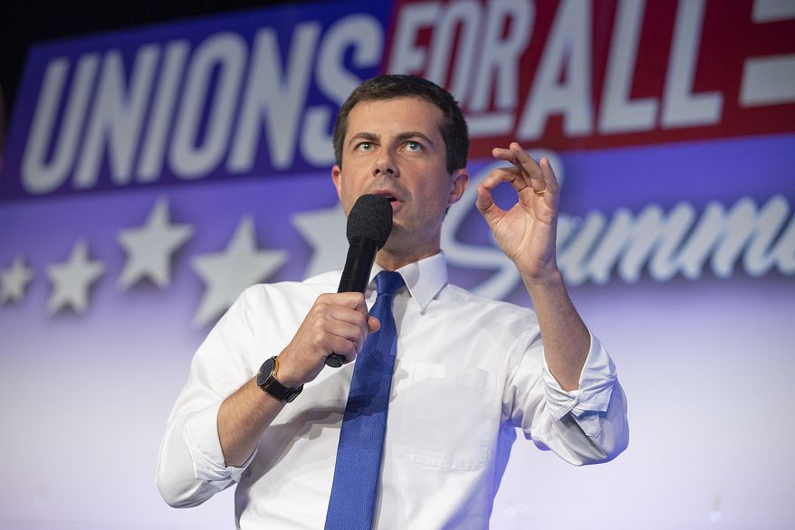 Democratic presidential candidate South Bend Mayor Pete Buttigieg speaks at the SEIU Unions For All Summit, Saturday, Oct. 5, 2019, in Los Angeles. (AP Photo/Damian Dovarganes)