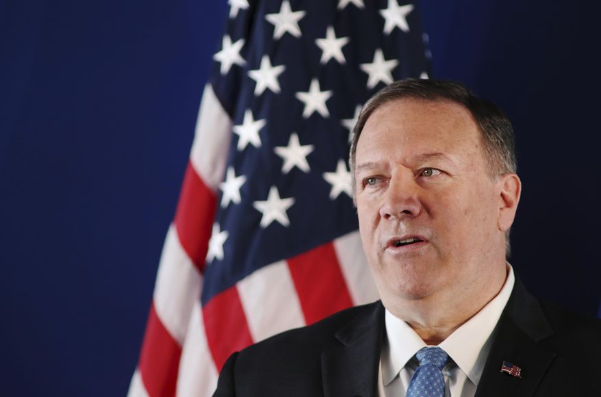 U.S. Secretary of State Mike Pompeo delivers a speech at the Stavros Niarchos Foundation Cultural Center in Athens, Saturday, Oct. 5, 2019. Pompeo is in Greece on the last leg of a four-nation European tour that has been overshadowed by the impeachment inquiry in Washington. Pompeo has sought to avoid the drama back home by focusing on matters directly related to his trip. (Costas Baltas/Pool via AP)