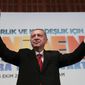 Turkey&#39;s President Recep Tayyip Erdogan, waves to supporters during an event in Ankara, Turkey, Saturday, Oct. 5, 2019. Turkey&#39;s president threatened Saturday to launch a solo military operation into northeastern Syria, where U.S. troops are deployed and have been trying to defuse tension between its NATO ally and Syrian Kurdish forces. (Presidential Press Service via AP, Pool)