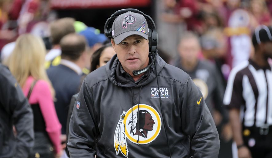 Washington Redskins head coach Jay Gruden walks to the bench prior to an NFL football game against the New England Patriots, Sunday, Oct. 6, 2019, in Landover, Md. (AP Photo/Mark Tenally)  **FILE**