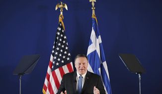 U.S. Secretary of State Mike Pompeo delivers a speech at the Stavros Niarchos Foundation Cultural Center in Athens, Saturday, Oct. 5, 2019. Pompeo is in Greece on the last leg of a four-nation European tour that has been overshadowed by the impeachment inquiry in Washington. Pompeo has sought to avoid the drama back home by focusing on matters directly related to his trip. (Costas Baltas/Pool via AP)