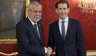 Austrian President Alexander Van der Bellen, left, welcomes Sebastian Kurz, right, head of the Austrian People&#39;s Party, OEVP, prior to their talks at the Hofburg palace in Vienna, Austria, Monday, Oct. 7, 2019. Kurz will get the order to form a new government after the federal elections. (AP Photo/Ronald Zak)