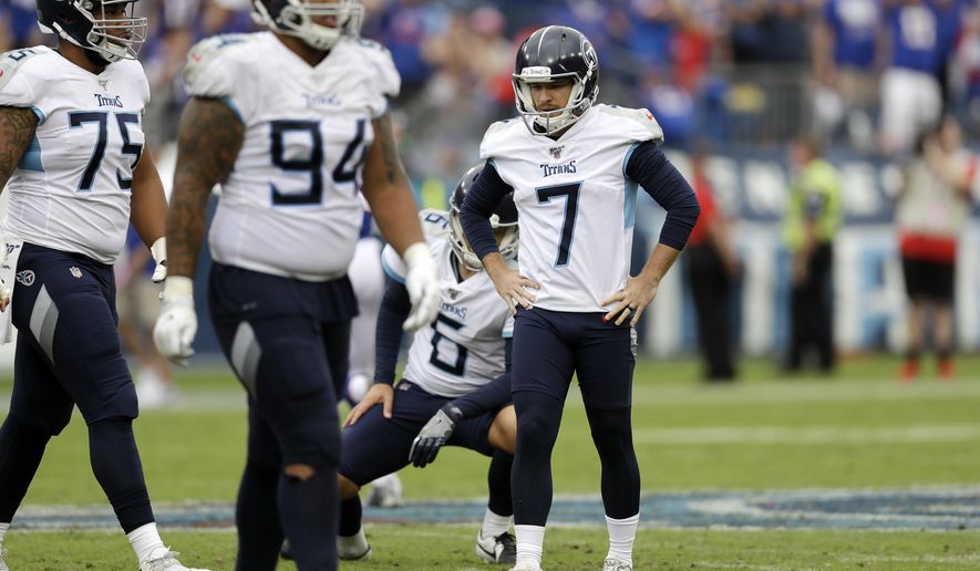 Tennessee Titans kicker Cairo Santos (7) stands on the field after missing his fourth straight field goal attempt against the Buffalo Bills in the second half of an NFL football game Sunday, Oct. 6, 2019, in Nashville, Tenn. (AP Photo/James Kenney)