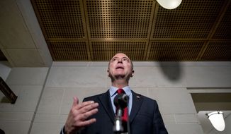 Rep. Adam Schiff, D-Calif., Chairman of the House Intelligence Committee, gives a statement to members of the media on Capitol Hill in Washington, Tuesday, Oct. 8, 2019.  The Trump administration barred Gordon Sondland, the U.S. European Union ambassador, from appearing Tuesday before a House panel conducting the impeachment inquiry of President Donald Trump. (AP Photo/Andrew Harnik)