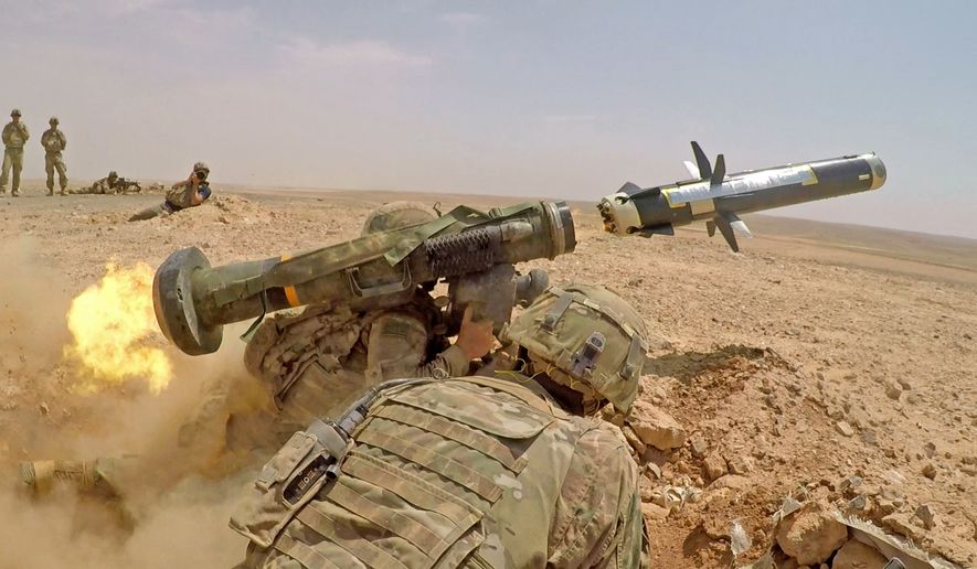 Infantry soldiers with 1st Battalion, 8th Infantry Regiment, 3rd Armored Brigade Combat Team, 4th Infantry Division, fire an FGM-148 Javelin during a combined arms live fire exercise in Jordan on Aug. 27, 2019, in support of Eager Lion. Eager Lion, U.S. Central Command&#39;s largest and most complex exercise, is an opportunity to integrate forces in a multilateral environment, operate in realistic terrain and strengthen military-to-military relationships. (U.S. Army photo by Sgt. Liane Hatch)
