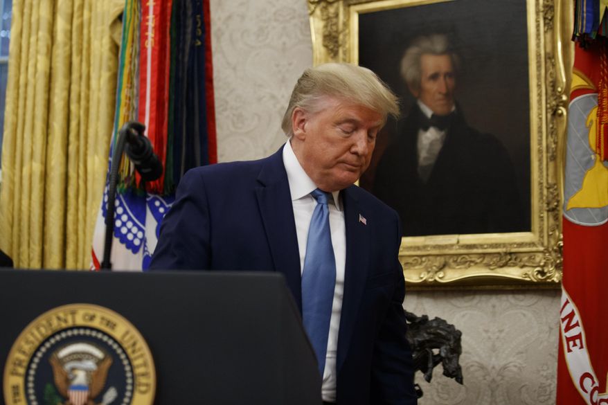 President Donald Trump departs after a ceremony to present the Presidential Medal of Freedom to former Attorney General Edwin Meese, in the Oval Office of the White House, Tuesday, Oct. 8, 2019, in Washington. (AP Photo/Alex Brandon)