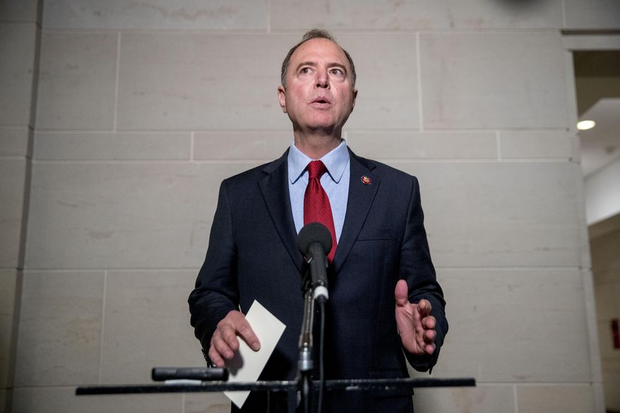 Rep. Adam Schiff, D-Calif., Chairman of the House Intelligence Committee, gives a statement to members of the media on Capitol Hill in Washington, Tuesday, Oct. 8, 2019.  The Trump administration barred Gordon Sondland, the U.S. European Union ambassador, from appearing Tuesday before a House panel conducting the impeachment inquiry of President Donald Trump.