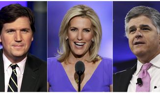 This combination photo shows, from left, Tucker Carlson, Laura Ingraham and Sean Hannity. Their shows currently draw the most viewers according to Nielsen Media Research, helping propel Fox News to tthe top of the ratings for consecutive 45 months. (AP Photo)