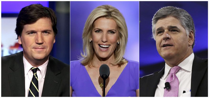 This combination photo shows, from left, Tucker Carlson, Laura Ingraham and Sean Hannity. Their shows currently draw the most viewers according to Nielsen Media Research, helping propel Fox News to tthe top of the ratings for consecutive 45 months. (AP Photo)
