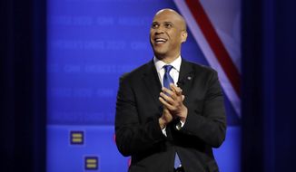 Democratic presidential candidate Sen. Cory Booker, D-N.J., speaks during the Power of our Pride Town Hall Thursday, Oct. 10, 2019, in Los Angeles. The LGBTQ-focused town hall featured nine 2020 Democratic presidential candidates. (AP Photo/Marcio Jose Sanchez)