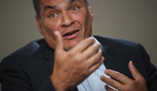 Former Ecuador President Rafael Correa answered questions during an interview with Associated Press in Brussels, Thursday, Oct. 10, 2019. Correa is dismissing as &amp;quot;nonsense&amp;quot; allegations that he is plotting with Venezuela President Nicolas Maduro to destabilize the current Ecuador government amid violent unrest sparked by fuel price hikes. (AP Photo/Francisco Seco)