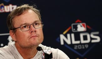 St. Louis Cardinals manager Mike Shildt listens to a question during a news conference Tuesday, Oct. 8, 2019, in Atlanta. St. Louis will face the Atlanta Braves in Game 5 of the NLCS Wednesday in Atlanta. (AP Photo/John Bazemore)