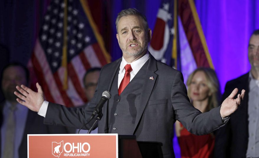 FILE - In a Nov. 6, 2018 file photo, Dave Yost speaks at the Ohio Republican Party event, in Columbus, Ohio. A federal appeals court has denied an effort by state attorneys general to stop a bellwether opioids trial involving two Ohio counties from getting underway later this month in Cleveland. The Sixth Circuit U.S. Court of Appeals in Cincinnati ruled Thursday, Oct. 10, 2019 that Ohio didn’t object when lawsuits filed by Summit and Cuyahoga counties were initially included in what has become a sprawling case involving around 2,600 local governments and other entities. Yost argued in August against the certification of the local government lawsuits as multi-district litigation. (AP Photo/Tony Dejak, File)