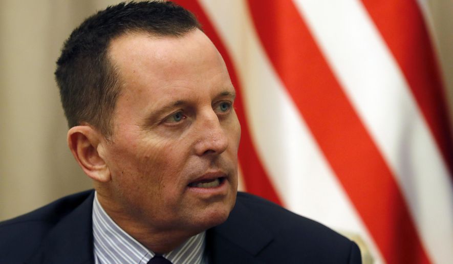 U.S President Donald Trump&#x27;s envoy for the Kosovo-Serbia dialogue, Ambassador Richard Grenell, speaks with Serbian President Aleksandar Vucic during a meeting in Belgrade, Serbia, Thursday, Oct. 10, 2019. Grenell is meeting officials in Belgrade as part of a renewed effort to restart negotiations and resolve decades-long disputes between former war foes. (AP Photo/Darko Vojinovic)