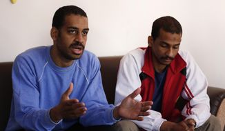 In this March 30, 2019, file photo, Alexanda Amon Kotey, left, and El Shafee Elsheikh, who were allegedly among four British jihadis who made up a brutal Islamic State cell dubbed &amp;quot;The Beatles,&amp;quot; speak during an interview with The Associated Press at a security center in Kobani, Syria, Friday, March 30, 2018. The men said that their home country&#x27;s revoking of their citizenship denies them a fair trial. &amp;quot;The Beatles&amp;quot; terror cell is believed to have captured, tortured and killed hostages including American, British and Japanese journalists and aid workers. (AP Photo/Hussein Malla) **FILE**