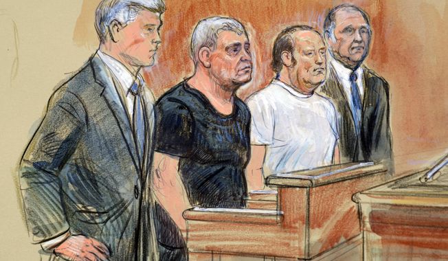 This courtroom sketch depicts from left, attorney Kevin Downing, Lev Parnas, Igor Fruman, and attorney Thomas Zehnle standing before U.S. Judge Michael Nachmanoff, at federal courthouse in Alexandria, Va., Thursday, Oct. 10, 2019. Parnas and Fruman, two Florida businessmen tied to President Donald Trump&#x27;s lawyer and the Ukraine investigation, were charged with federal campaign finance violations. The charges relate to a $325,000 donation to a group supporting President Donald Trump&#x27;s reelection. (Dana Verkouteren via AP)