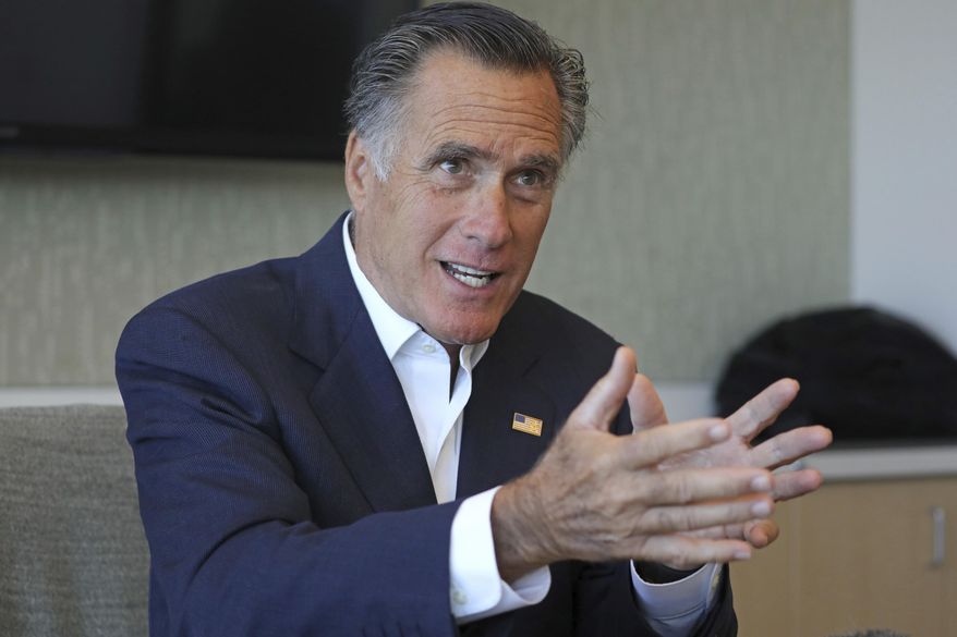 Sen. Mitt Romney, R-Utah, speaks to reporters following a roundtable discussion at Intermountain Primary Children's Hospital with officials and health experts to receive an update on anti-vaping efforts Thursday, Oct. 10, 2019, in Salt Lake City. In his first public appearance since President Donald Trump unleashed a storm of insults on Twitter, Romney stuck by his criticism of Trump's actions but said he expects him to re-elected. (AP Photo/Rick Bowmer)