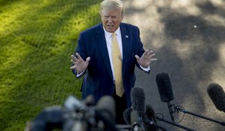 President Donald Trump speaks to members of the media on the South Lawn of the White House in Washington, Friday, Oct. 11, 2019, before boarding Marine One for a short trip to Andrews Air Force Base, Md., and then on to Louisiana for a rally. (AP Photo/Andrew Harnik)