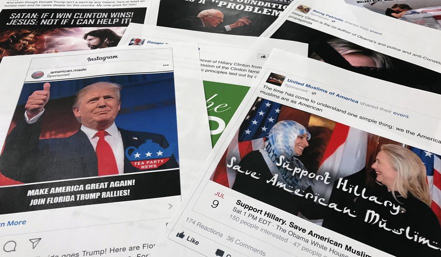FILE - In this Nov. 1, 2017, file photo, Some of the Facebook and Instagram ads linked to a Russian effort to disrupt the American political process and stir up tensions around divisive social issues, released by members of the U.S. House Intelligence committee, are photographed in Washington. Russia’s interference in the 2016 U.S. election has generally been seen as two separate, unrelated tracks: hacking Democratic emails and sending provocative tweets. But a new study suggests the tactics were likely intertwined. On the eve of the release of hacked Clinton campaign emails, Russian-linked trolls retweeted messages from thousands of accounts on both extremes of the American ideological spectrum. (AP Photo/Jon Elswick, File)
