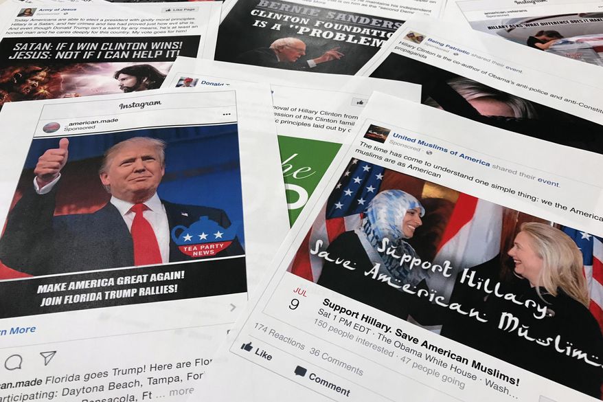 FILE - In this Nov. 1, 2017, file photo, Some of the Facebook and Instagram ads linked to a Russian effort to disrupt the American political process and stir up tensions around divisive social issues, released by members of the U.S. House Intelligence committee, are photographed in Washington. Russia’s interference in the 2016 U.S. election has generally been seen as two separate, unrelated tracks: hacking Democratic emails and sending provocative tweets. But a new study suggests the tactics were likely intertwined. On the eve of the release of hacked Clinton campaign emails, Russian-linked trolls retweeted messages from thousands of accounts on both extremes of the American ideological spectrum. (AP Photo/Jon Elswick, File)