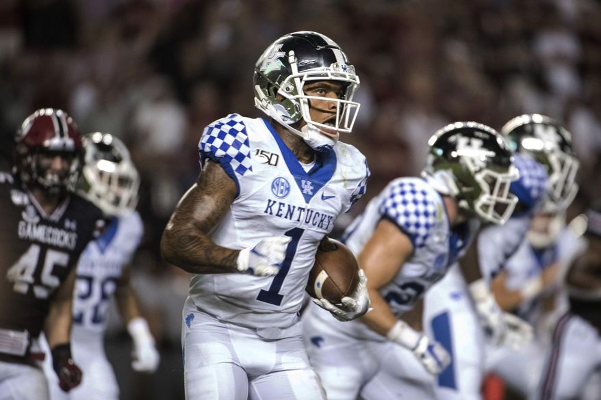 Kentucky wide receiver Lynn Bowden Jr. (1) runs with the ball against South Carolina during the second half of an NCAA college football game Saturday, Sept. 28, 2019, in Columbia, S.C. South Carolina defeated Kentucky 24-7. (AP Photo/Sean Rayford)