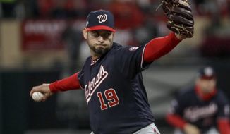 Washington Nationals starting pitcher Anibal Sanchez throws during the fifth inning of Game 1 of the baseball National League Championship Series against the St. Louis Cardinals Friday, Oct. 11, 2019, in St. Louis. (AP Photo/Mark Humphrey)