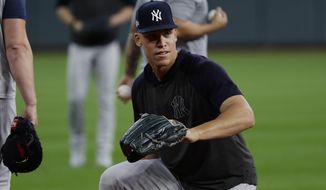New York Yankees right fielder Aaron Judge takes part in a team workout for the baseball American League Championship Series in Houston, Friday, Oct. 11, 2019. The Yankees are scheduled to face the Houston Astros starting Saturday. (AP Photo/Eric Gay)