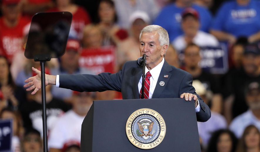 Louisiana Republican gubernatorial candidate Eddie Rispone speaks at President Donald Trump&#39;s campaign rally in Lake Charles, La., Friday, Oct. 11, 2019. Trump introduced both Rispone and Republican gubernatorial candidate Ralph Abraham on the eve of the Louisiana election, urging the crowd to vote for either to unseat incumbent Democrat Gov. John Bel Edwards. (AP Photo/Gerald Herbert)