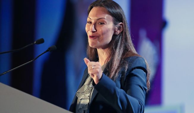 Florida Agriculture Commissioner Nikki Fried speaks during the general assembly at the Florida Democratic State Convention Saturday, Oct. 12, 2019, in Lake Buena Vista, Fla. (AP Photo/John Raoux)
