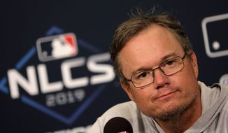 St. Louis Cardinals manager Mike Shildt speaks to media Thursday, Oct. 10, 2019, following a baseball practice session before the National League Championship Series against the Washington Nationals in St. Louis. (Christian Gooden/St. Louis Post-Dispatch via AP)