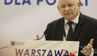 In this photo taken Tuesday Oct. 8, 2019 Poland&#39;s ruling right-wing party leader Jaroslaw Kaczynski speaks at a convention in Warsaw, Poland. ahead of Sunday parliamentary election in which his Law and Justice party is hoping to win a second term in power. (AP Photo/Czarek Sokolowski)