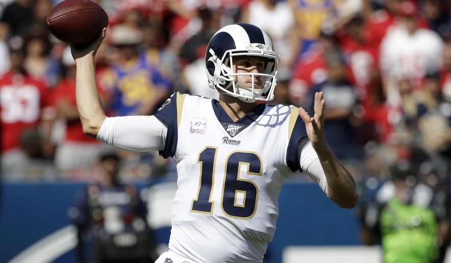 Los Angeles Rams quarterback Jared Goff throws against the San Francisco 49ers during the first half of an NFL football game Sunday, Oct. 13, 2019, in Los Angeles. (AP Photo/Alex Gallardo)