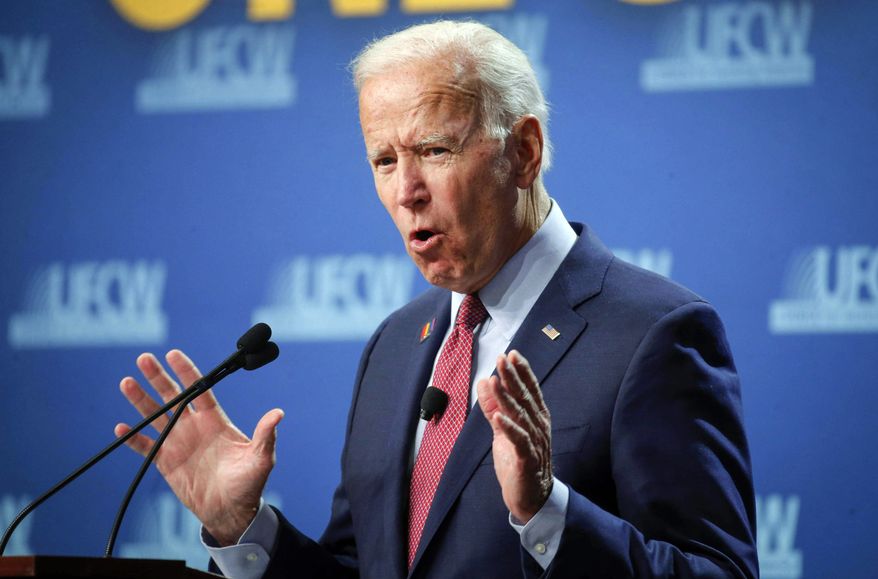 Democratic presidential candidate and former Vice President Joe Biden speaks during the UFCW Forum, Sunday, Oct. 13, 2019, at Prairie Meadows Hotel in Altoona, Iowa. (Bryon Houlgrave/The Des Moines Register via AP)