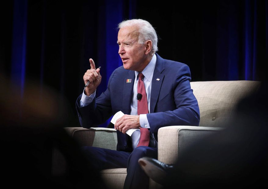 Democratic presidential candidate and former Vice President Joe Biden speaks during the UFCW Forum, Sunday, Oct. 13, 2019, at Prairie Meadows Hotel in Altoona, Iowa. (Bryon Houlgrave/The Des Moines Register via AP)