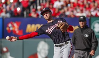 Washington Nationals&#39; Trea Turner makes a throw during the third inning of Game 2 of the baseball National League Championship Series Saturday, Oct. 12, 2019, in St. Louis. (AP Photo/Jeff Roberson)