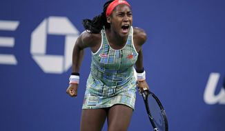 FILE - In this Aug. 29, 2019, file photo, Coco Gauff, of the United States, celebrates after defeating Timea Babos, of Hungary, in the second round of the U.S. Open tennis tournament in New York. The American teenager advanced to her first WTA final by beating Andrea Petkovic 6-4, 6-4 on Saturday, Oct. 12, 2019, at the Upper Austria Ladies in Linz, Austria. (AP Photo/Charles Krupa, File)