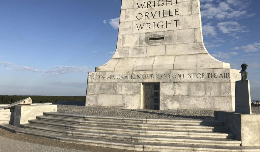 The National Park Service says a copper bust of aviation pioneer Orville Wright has been stolen from the Wright Brothers National Memorial in the Outer Banks of North Carolina. The Park Service and local law enforcement officials are investigating the case and are asking the public for any information. The agency in a statement says the monument was damaged either Saturday evening, Oct. 12, 2019 or Sunday morning. The granite base that the bust was mounted to was toppled and damaged. (The National Park Service via AP)