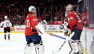 Washington Capitals goaltender Braden Holtby (70) skates off the ice as he is replaced by goaltender Ilya Samsonov (30), of Russia, during the first period of an NHL hockey game against the Colorado Avalanche, Monday, Oct. 14, 2019, in Washington. (AP Photo/Nick Wass)