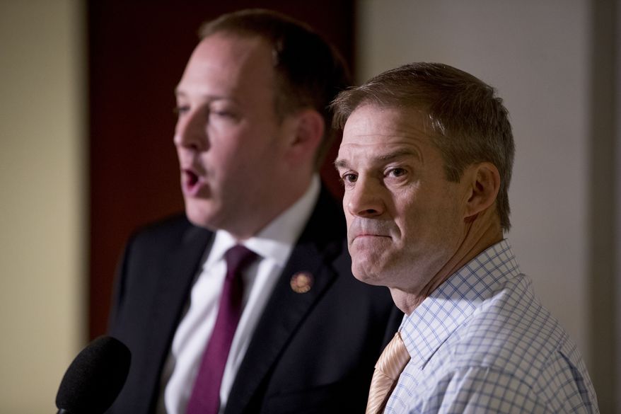 Rep. Jim Jordan, R-Ohio, ranking member of the Committee on Oversight Reform, right, and Rep. Lee Zeldin R-N.Y., left, speak to reporters following a closed-door meeting on Capitol Hill in Washington, Monday, Oct. 14, 2019, where former White House advisor on Russia, Fiona Hill, testified before congressional lawmakers as part of the House impeachment inquiry into President Donald Trump. (AP Photo/Andrew Harnik) **FILE**