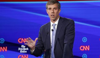Democratic presidential candidate former Texas Rep. Beto O&#39;Rourke participates in a Democratic presidential primary debate hosted by CNN/New York Times at Otterbein University, Tuesday, Oct. 15, 2019, in Westerville, Ohio. (AP Photo/John Minchillo)