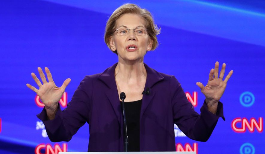 Democratic presidential candidate Sen. Elizabeth Warren, D-Mass., speaks in a Democratic presidential primary debate hosted by CNN/New York Times at Otterbein University, Tuesday, Oct. 15, 2019, in Westerville, Ohio. (AP Photo/John Minchillo)