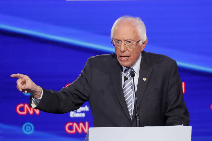 Democratic presidential candidate Sen. Bernie Sanders, I-Vt., participates in a Democratic presidential primary debate hosted by CNN/New York Times at Otterbein University, Tuesday, Oct. 15, 2019, in Westerville, Ohio. (AP Photo/John Minchillo)