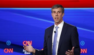Democratic presidential candidate former Texas Rep. Beto O&#39;Rourke speaks in a Democratic presidential primary debate hosted by CNN/New York Times at Otterbein University, Tuesday, Oct. 15, 2019, in Westerville, Ohio. (AP Photo/John Minchillo)