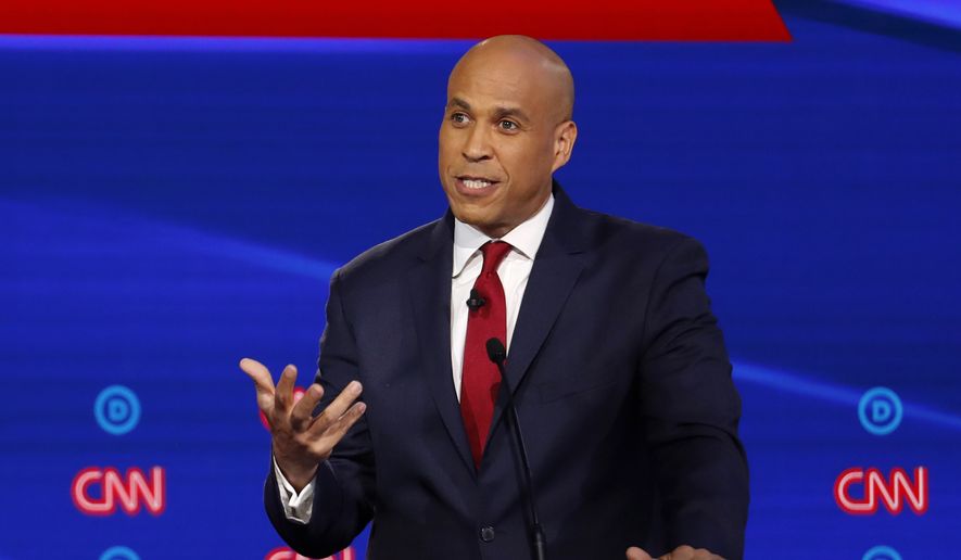 Democratic presidential candidate Sen. Cory Booker, D-N.J., speaks during a Democratic presidential primary debate hosted by CNN/New York Times at Otterbein University, Tuesday, Oct. 15, 2019, in Westerville, Ohio. (AP Photo/John Minchillo)