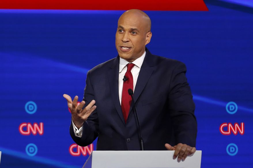 Democratic presidential candidate Sen. Cory Booker, D-N.J., speaks during a Democratic presidential primary debate hosted by CNN/New York Times at Otterbein University, Tuesday, Oct. 15, 2019, in Westerville, Ohio. (AP Photo/John Minchillo)