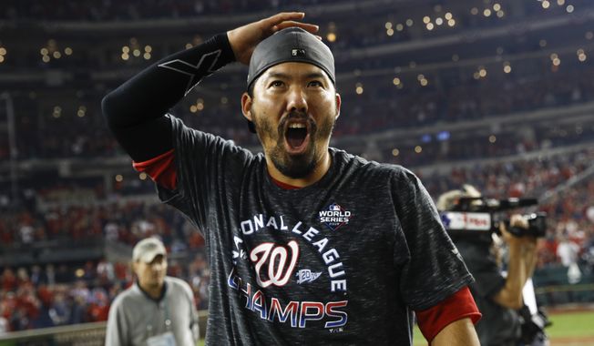 Washington Nationals&#x27; Kurt Suzuki celebrates after Game 4 of the baseball National League Championship Series against the St. Louis Cardinals Tuesday, Oct. 15, 2019, in Washington. The Nationals won 7-4 to win the series 4-0. (AP Photo/Patrick Semansky) ** FILE **