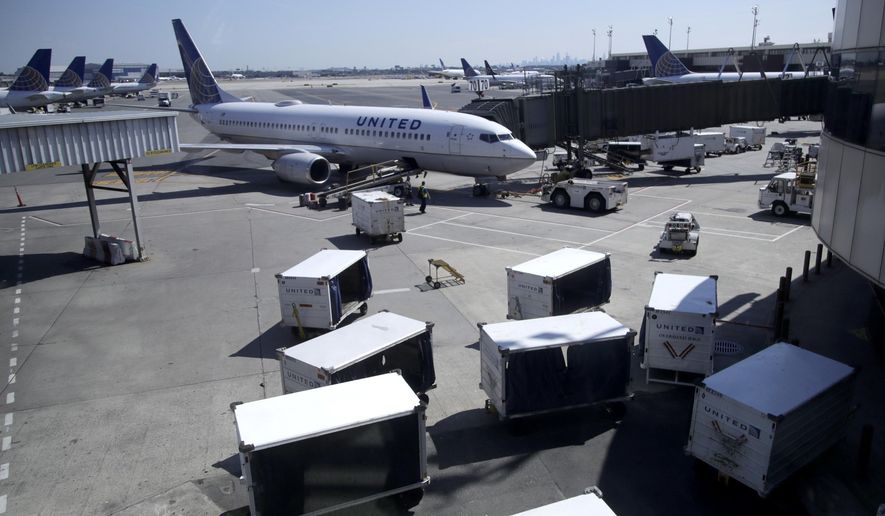 FILE - In this July 18, 2018, file photo a United Airlines commercial jet sits at a gate at Terminal C of Newark Liberty International Airport in Newark, N.J. United Continental Holdings, Inc. reports financial results Tuesday, Oct. 14, 2019. (AP Photo/Julio Cortez, File)