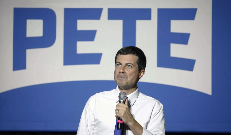 Democratic presidential candidate Pete Buttigieg speaks to supporters at Iowa State University during a town hall style meeting on Wednesday, Oct. 16, 2019, in Ames, Iowa. (Bryon Houlgrave/The Des Moines Register via AP)