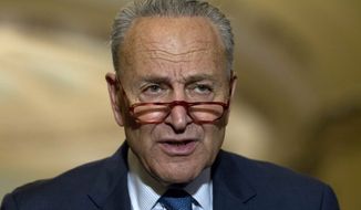 Senate Minority Leader Chuck Schumer, D-N.Y., speaks to the media after Senate Policy Luncheon in Capitol Hill in Washington, Wednesday, Oct. 16, 2019. (AP Photo/Jose Luis Magana)